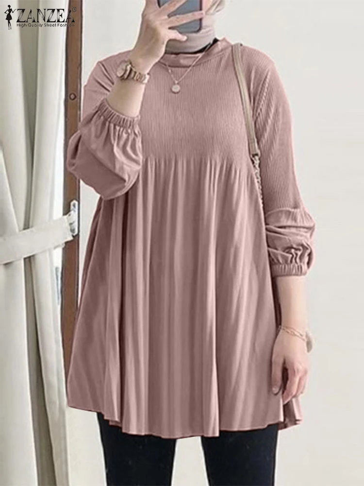 ZANZEA Women Autumn Pleated Long Blouses Long Sleeve O Neck Casual Blusas Mujer Muslim Islamic Fashion Solid Color Tunic Tops