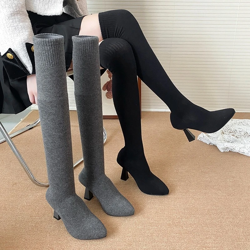 

Вязаные носки, ботинки, модные дышащие нескользящие износостойкие тонкие каблуки с острым носком и рукавами