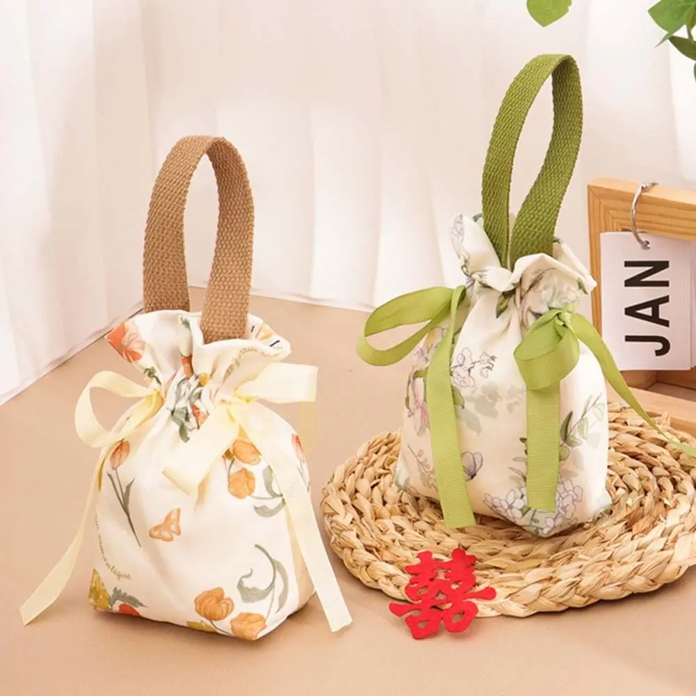 Bird Canvas Drawstring Bag Large Capacity Floral Festive Sugar Bag Coin Purse Wallet Jewerly Packing Bag Bowknot Handbag