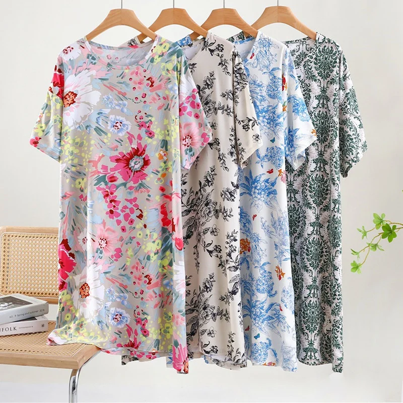 Sleepwear Women\'s Summer Pajamas Dress Printing Loose Ladies Nightgowns Short Sleeve Sleep Shirt Lounge Wear Night Dresses