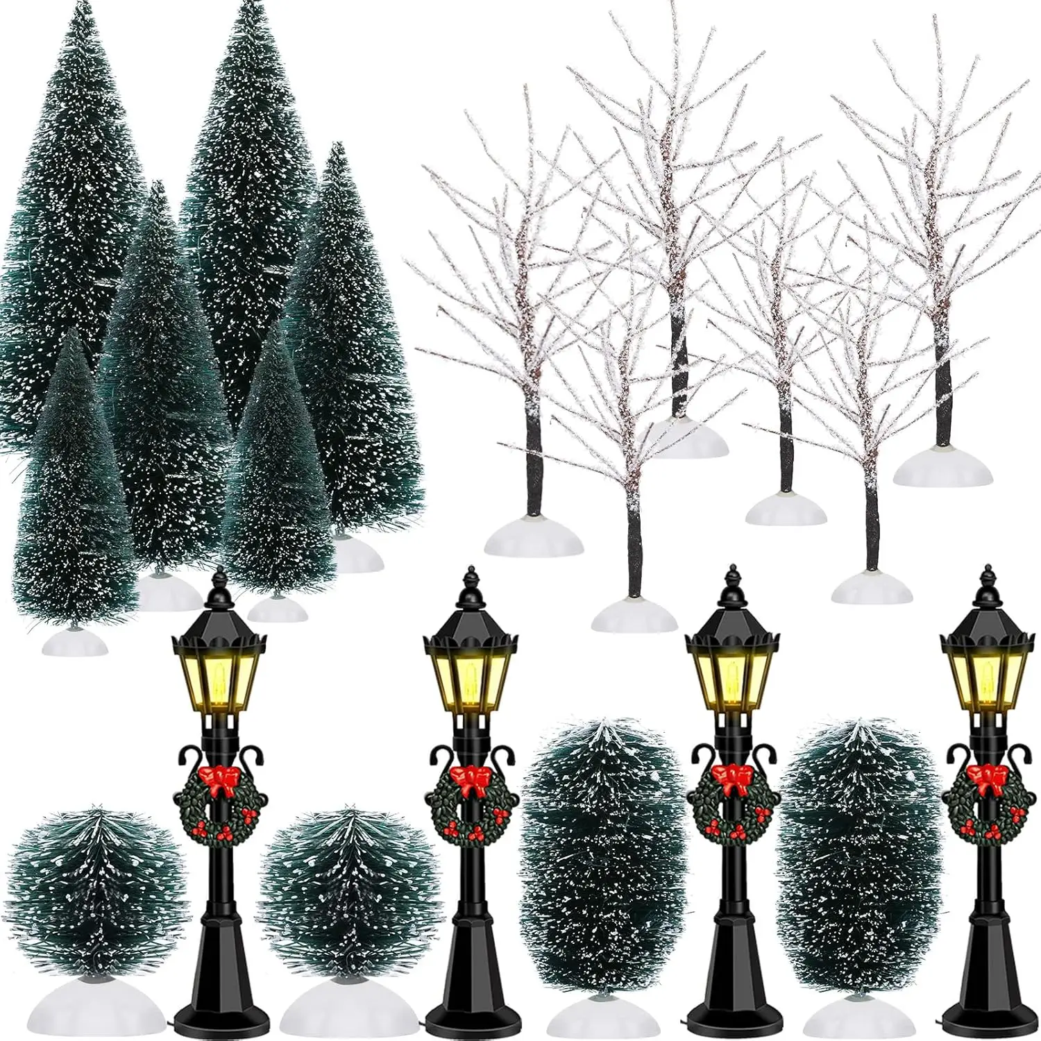 

20pcs Mini Christmas Tree Snow-Covered Branch Village with Lights for Winter Holiday Home Decor