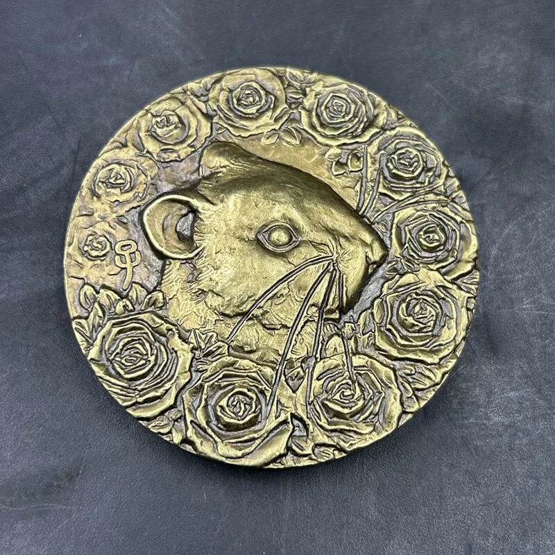 Brass Chinese Zodiac Rat Medallion Coin Relief Rose Pattern Handheld Curio Collectible Copper Ornament