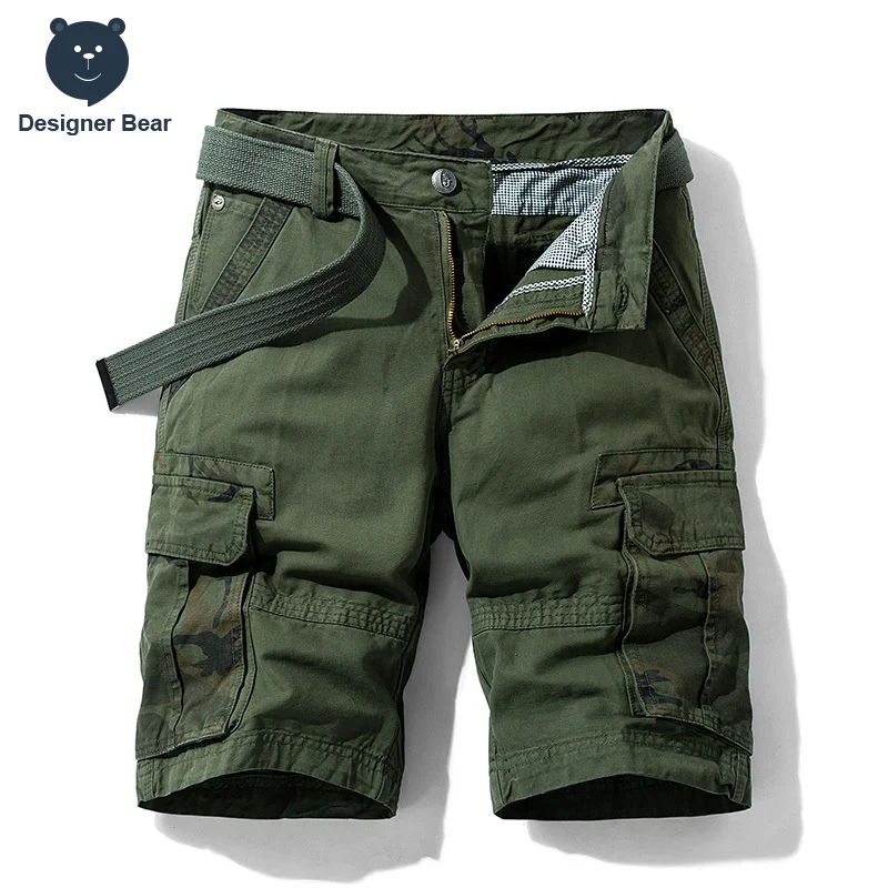 Summer Men's Cargo Shorts Baggy Straight Knee Length Pants Multi-Pocket Khaki Work 100%Cotton Camouflage Twill Short Belt Gift