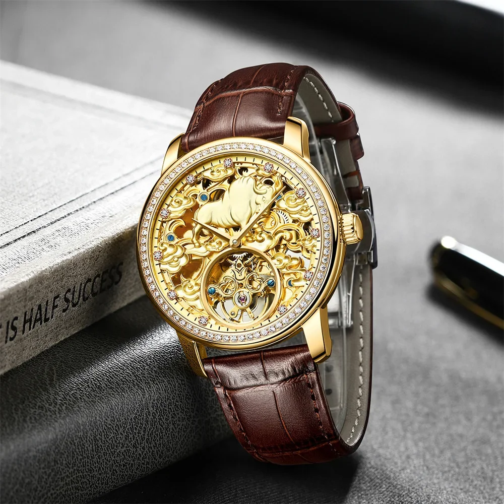 AILANG Brand New Luxury Tourbillon Mechanical Watch for Men Leather Waterproof Fashion Diamond Skeleton Gold Watches Mens