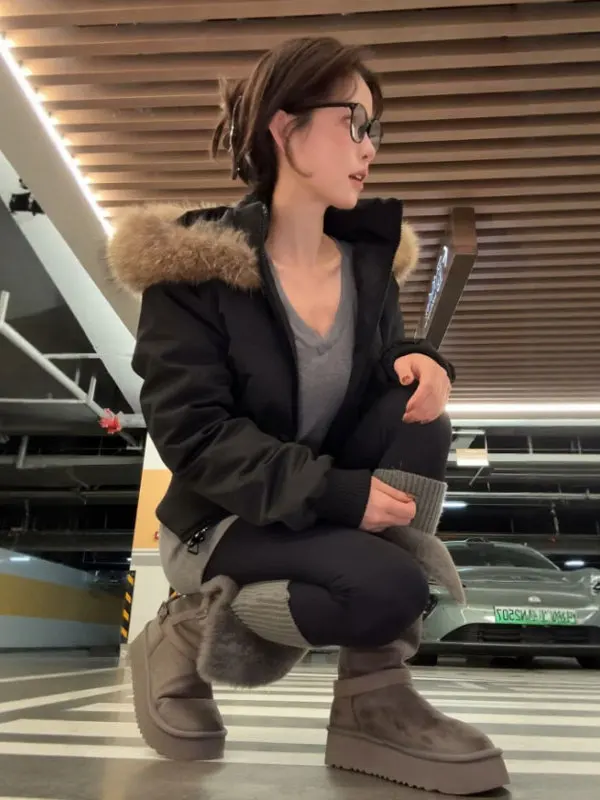 

Hebe Sle Ultra-Thi Warm ort Hooded Coat Faionable Cotton Jaet Korean Version Slim Fit with Fur Collar Zipper Closure