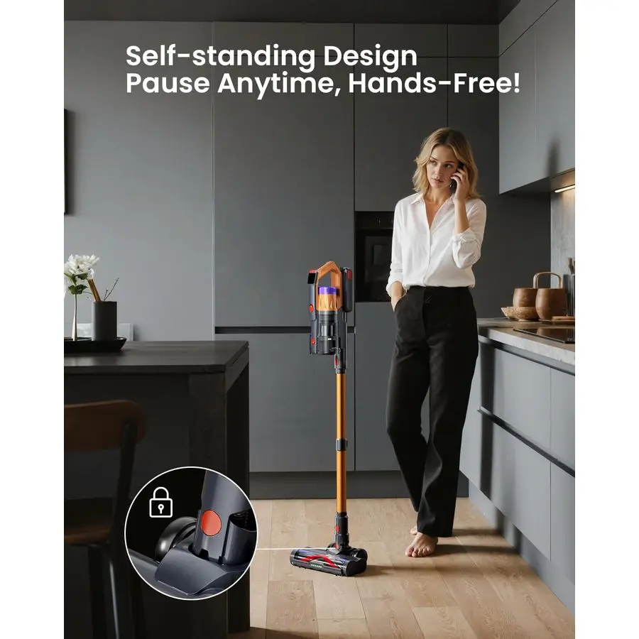 مكنسة كهربائية للمنزل، مكنسة كهربائية مطورة بقوة 60 كيلو باسكال لشعر الحيوانات الأليفة مع وقت تشغيل 70 دقيقة، ضوء LED أخضر للأرضيات الصلبة