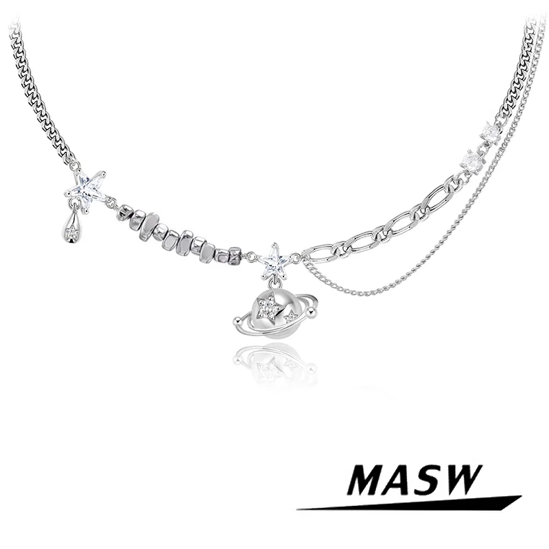 

MASW Original Design Senior Sense Thick Silver Plated Glass Zircon Star Planet Necklace For Women Girl Party Gift Modern Jewelry