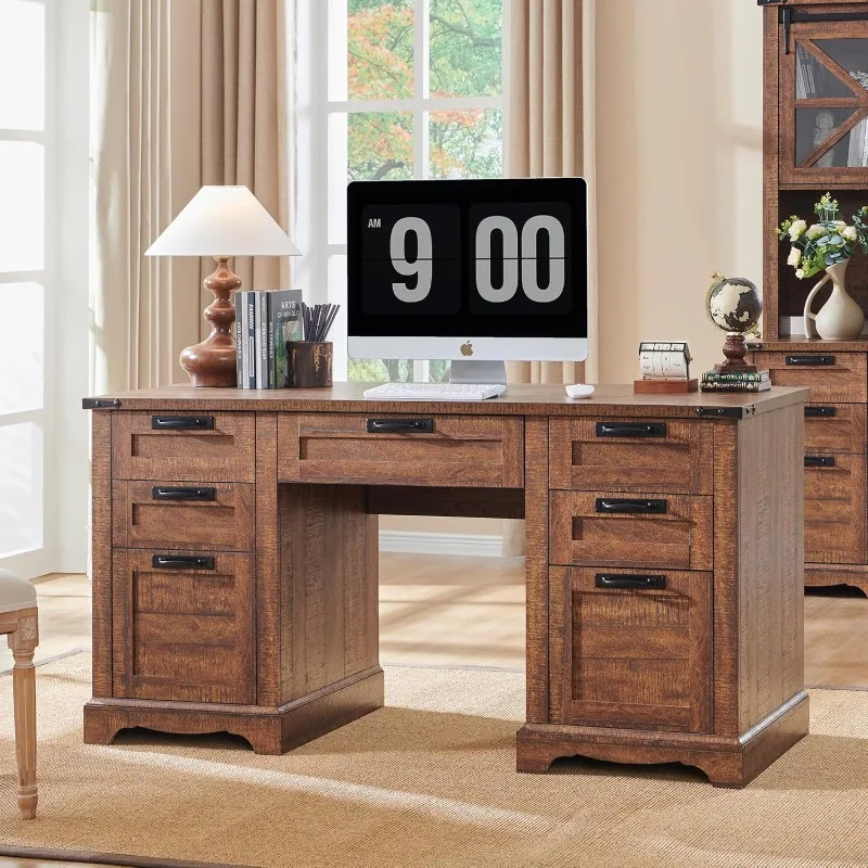 Executive Desk with Drawers, Wood Home Office Desk w/Charging Station, Keyboard Tray, File Drawer, (Reclaimed Barnwood)