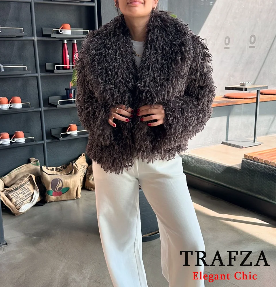 TRAFZA Women Fall Winter Teddy Shaggy Coat Vintage Lapel Luxury Jacket Coat New 2024 Fall Winter Fashion Retro Loose Fleece Coat