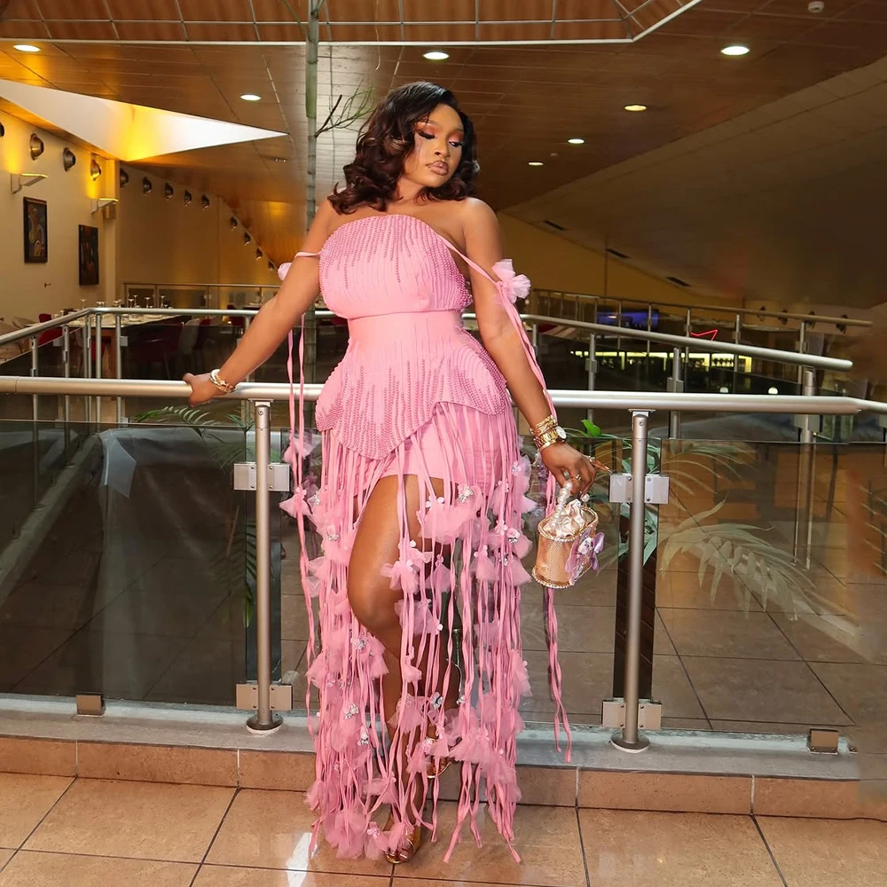 

Mini Cocktail Dress 2025 Flowers Straight Tassels Flowers Luxury Pink Vestido Cocktail Mujer Beaded Robe Cocktail Customized