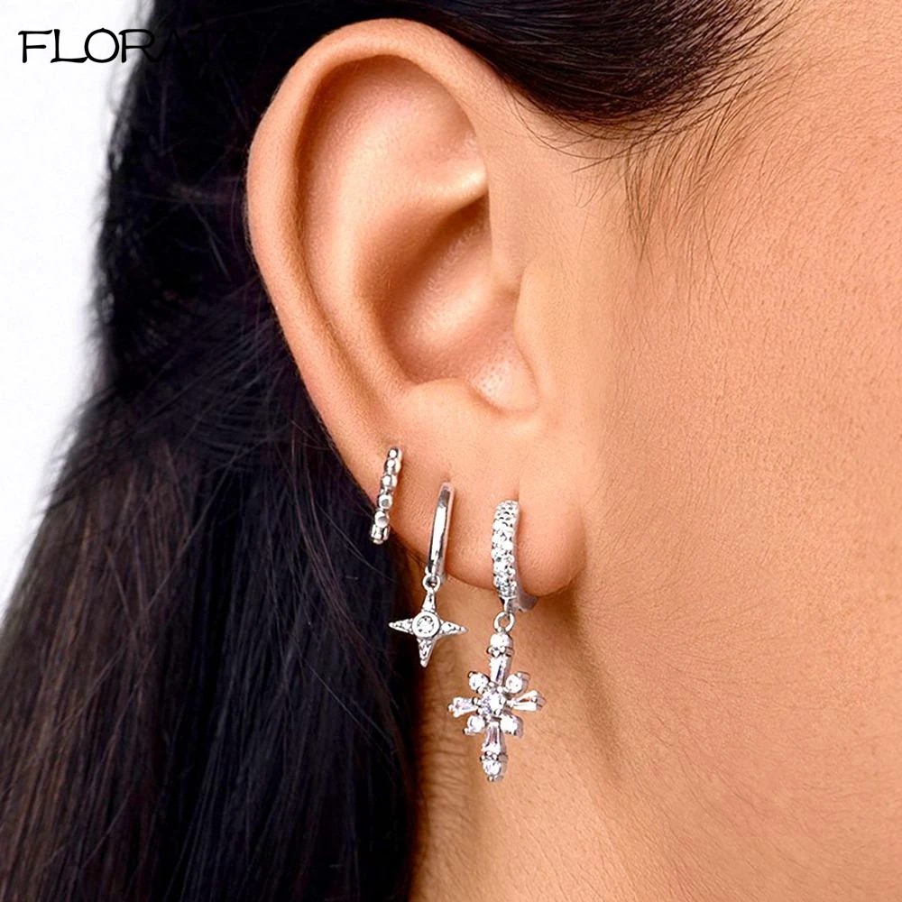 Zircon Cross Earrings For Women 925 Silver Needle Star Pendant Hoop Earrings Piercing Earrings Hoops Pendientes Jewelry Gift