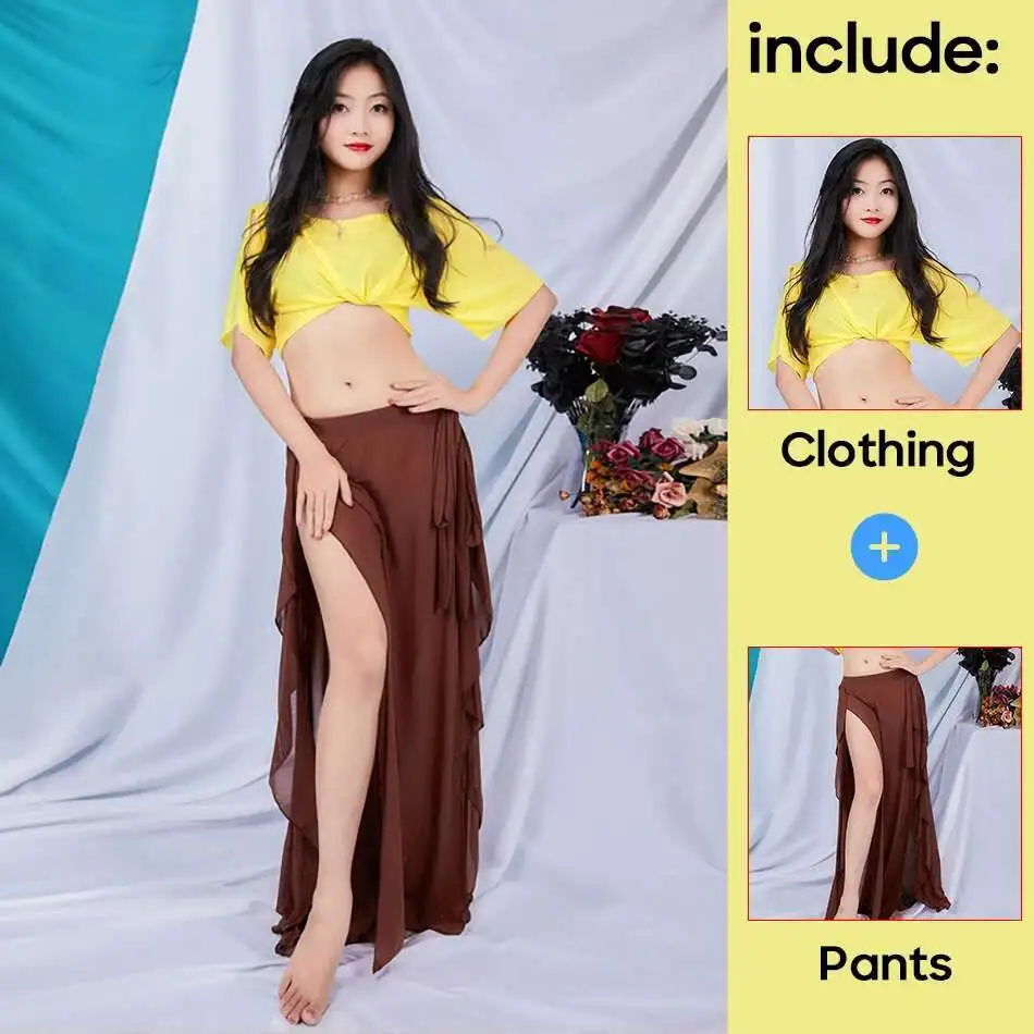 Buikdanskostuums Outfits Oefenkleding 2-delige set Top en rok Bloemblaadjesbroek Prestaties Professionele dans Kleurrijke rok