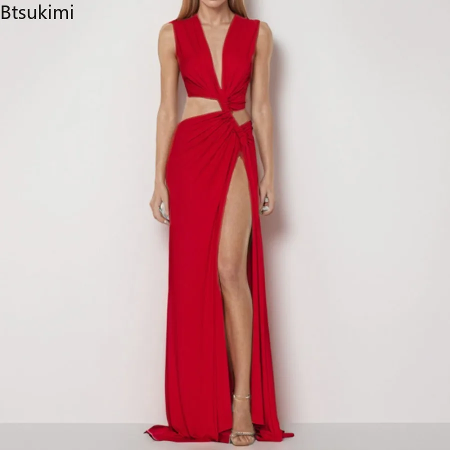 2026 Summer Hollow Out Maxi Dresses for Women Chic Twist Knot High Split Design Sexy Low Cut Out Long Dress Holiday Beach Dress