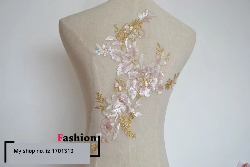 Fashion 37*24cm embroidery beaded applique sewing Sequins lace fabric accessories for wedding dress bridesmaid DIY decorations