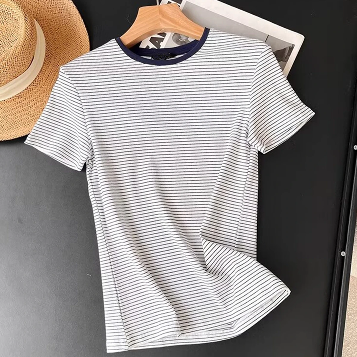 

Dave&Di Slim Fit Tops Minimalist Striped T-shirt For Women Tops Fashion Round Neck Short Sleeve Summer T-shirt Women