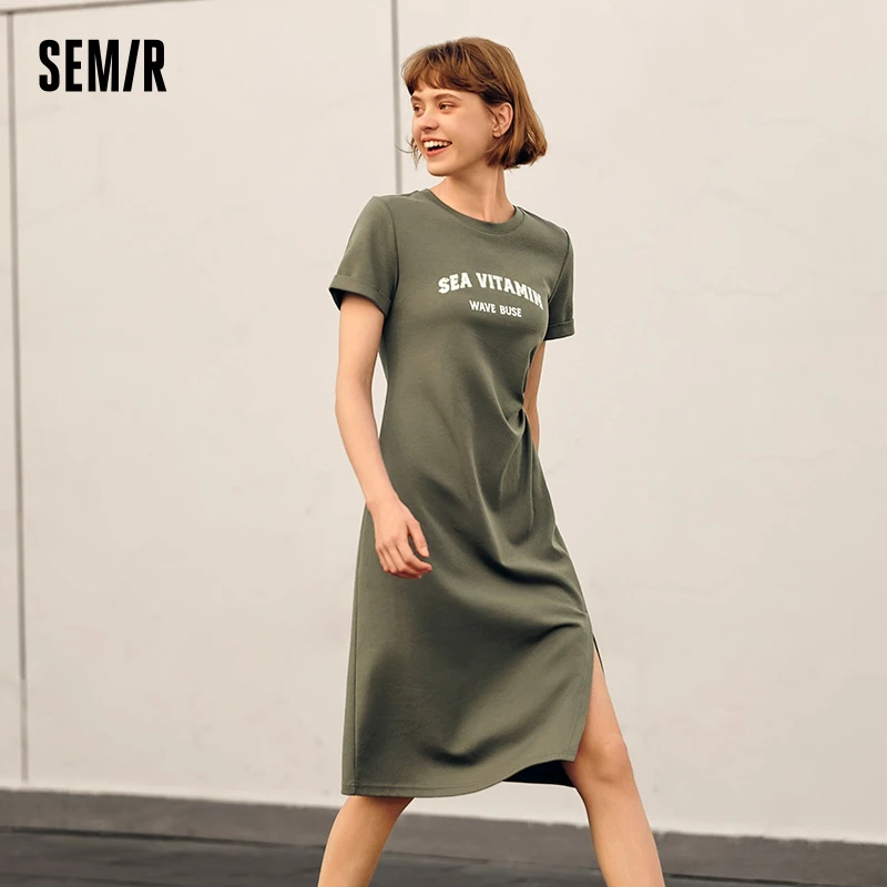 Semir Dress Women Vintage Casual Midi Dress 2024 Summer New Letter Print Split t-shirt Dress