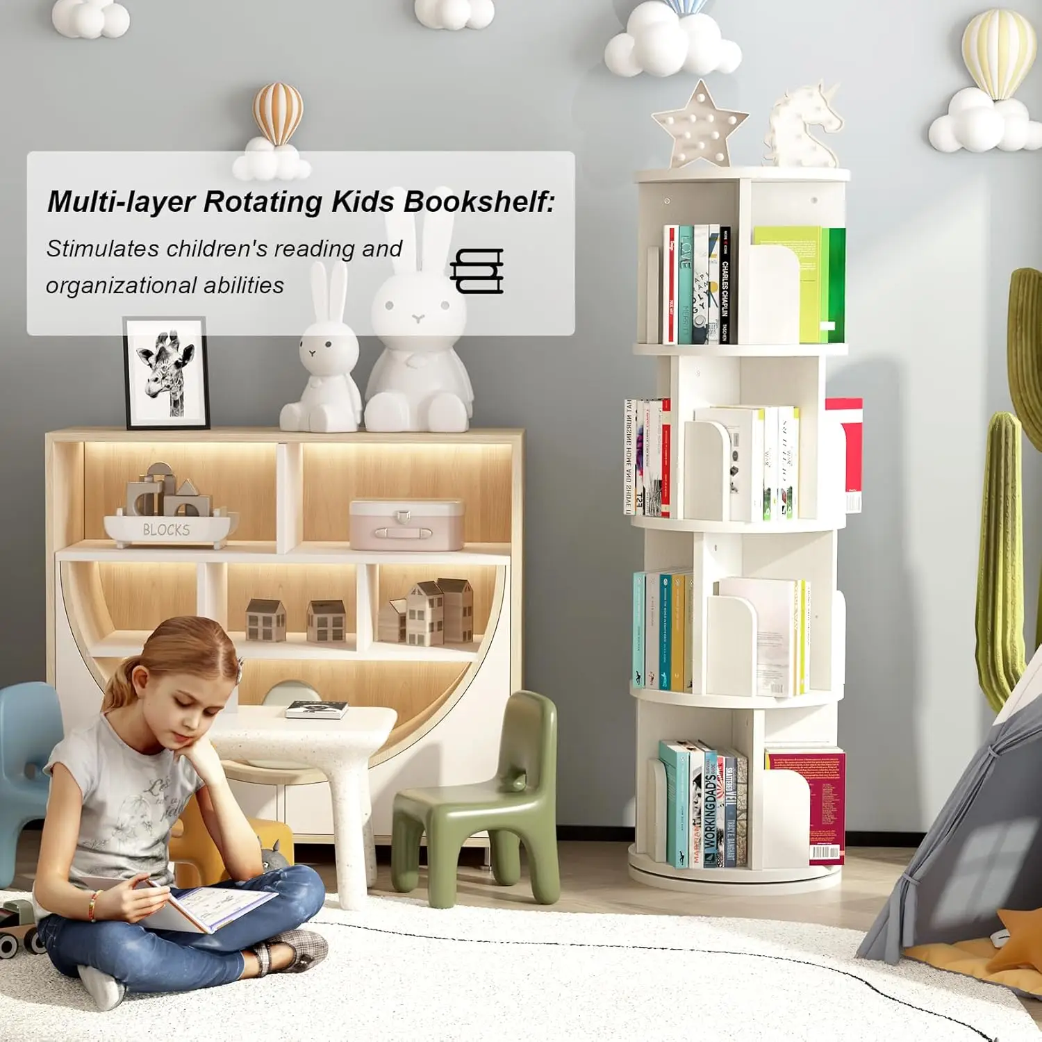 رف كتب دوار من الخشب 360 عرض 4 طبقات رف كتب زاوية منظم خزانة كتب للتخزين على الأرض لغرفة النوم وغرفة المعيشة #3