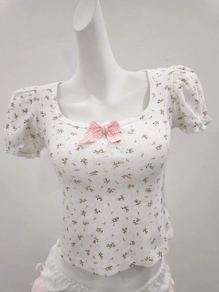 

Милые топы, женская футболка с коротким рукавом и бантом, белая футболка для милых девочек, кавайная одежда