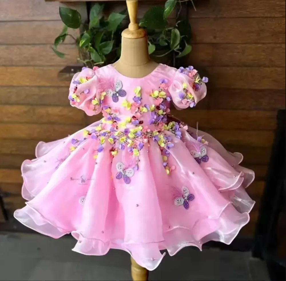 

Customized Pink Flower Girl Dresses For Wedding 3D Flowers Knee Length Short Sleeves Lovely Toddler Birthday Party Pageant Gown