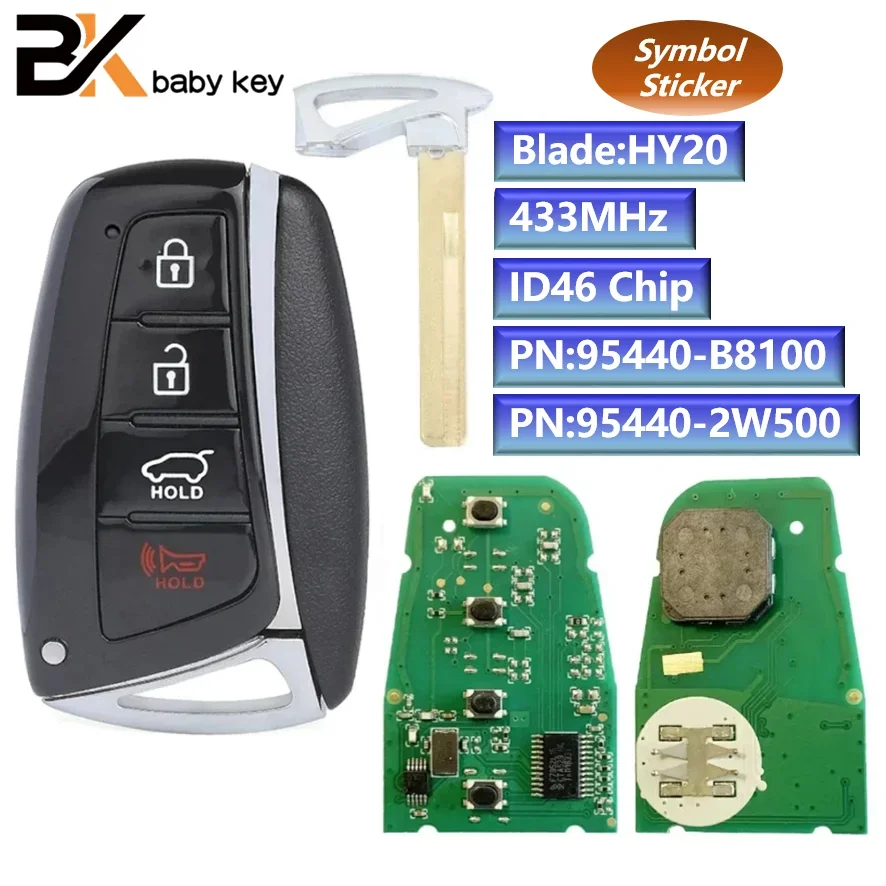 PN:95440-2W500/B8100 for Hyundai Santa Fe Genesis Azera 433MHz ID46 Chip FCC ID:SY5DMFNA433 with Logo Keyless Go Remote Car Key