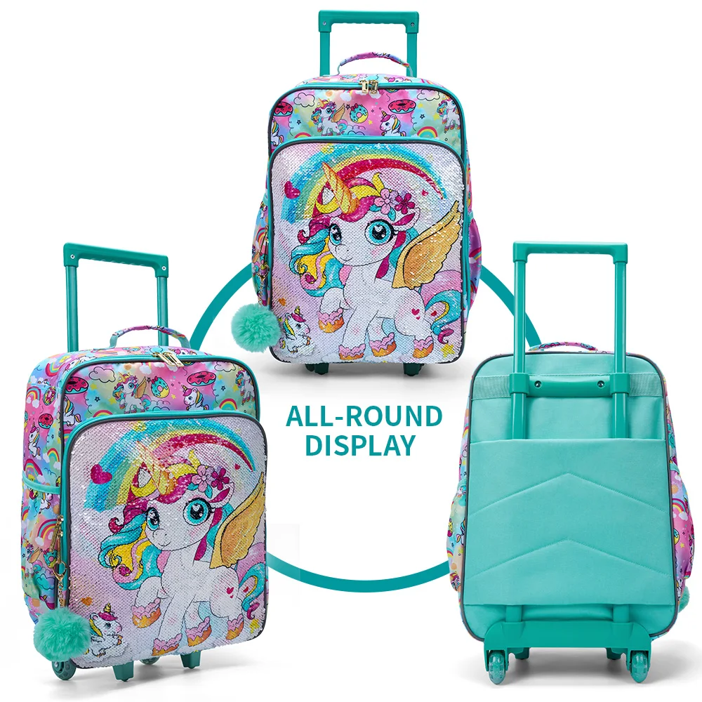 Rolling Wheels Suitcase, Cute Cartoon Auspicious Unicorn Sequin Design Children Travel Carry on Suitcase,18 inch , Green