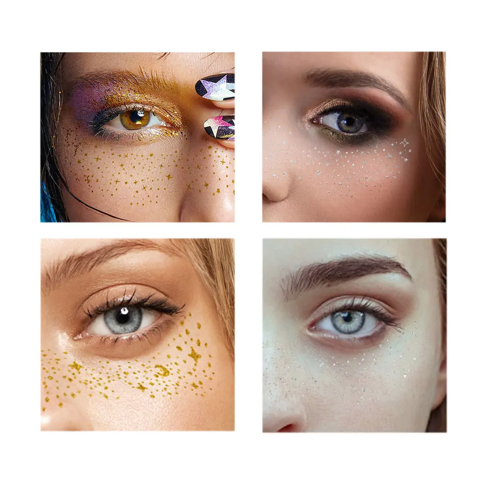 Glitter Freckles Face Tattoo Gold Silver Freckles Face Makeup for Women Temporary Eye Tattoo Stickers Face Jewels Party Sticker