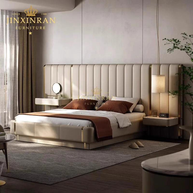 Custom Luxury Top Grain Leather Channeled Headboard Gold Belt Frame Floating Nightstand Solid Wood High Density Foam Bedroom Bed
