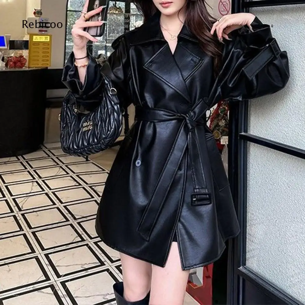 Women Faux Leather Short Trench Coat Lapel Collar Double Breasted Waist Belt Buckle Detail Long Sleeve Loose Outerwear Jacket