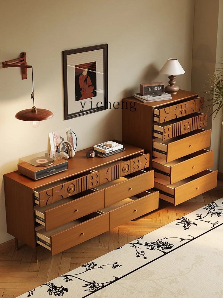 

TQH Retro Solid Wood Chest of Drawer Middle-Ancient Furniture Carved Sideboard Cabinet Home Living Room