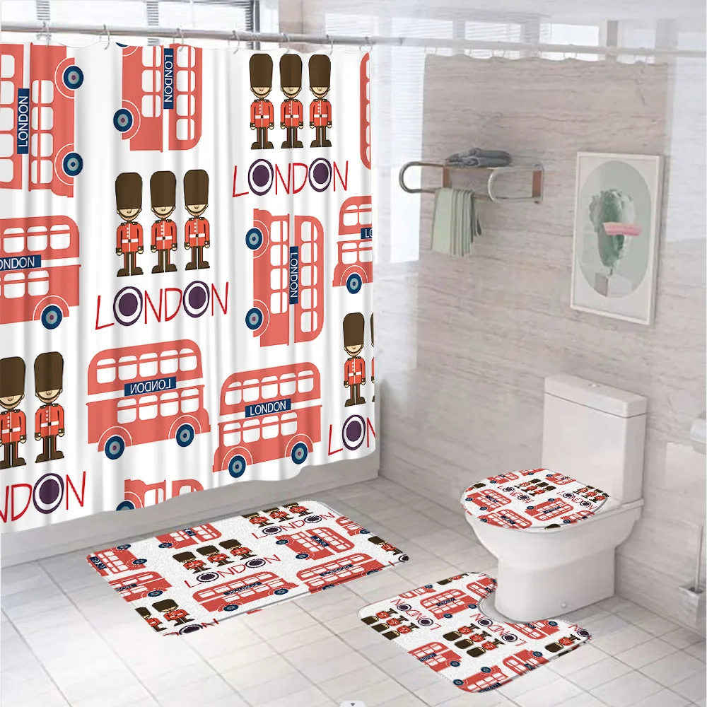 Cartoon Toy Car London Soldier Bathroom Sets Shower Curtain Rug Toilet Cover Bath Mat Cute Kids Home Decor Fabric Bath Curtains