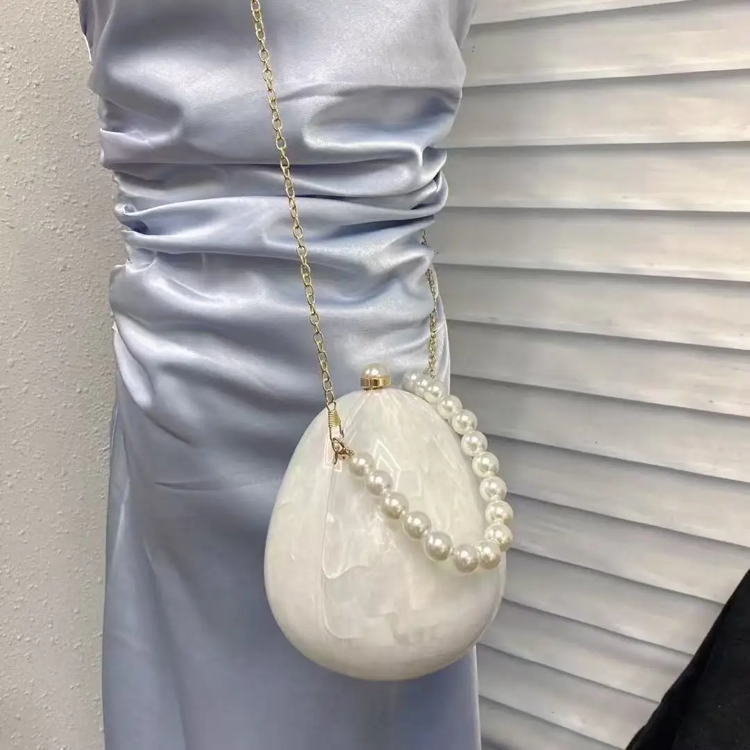 Fashion Acrylic Goose Egg Bag Shimmer Women Handbag Pearl Beading Handheld Clutch Purse Wedding Party Shoulder Crossbody Bag 6