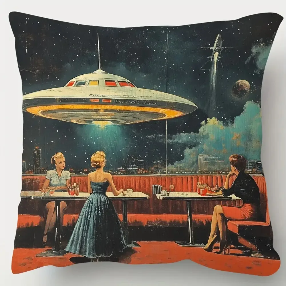 

Sci Fi Art Retro UFO Restaurant Scene Pillowcase – Soft Zipper – for Living Room Bedroom Office No Insert 18x18 Inch