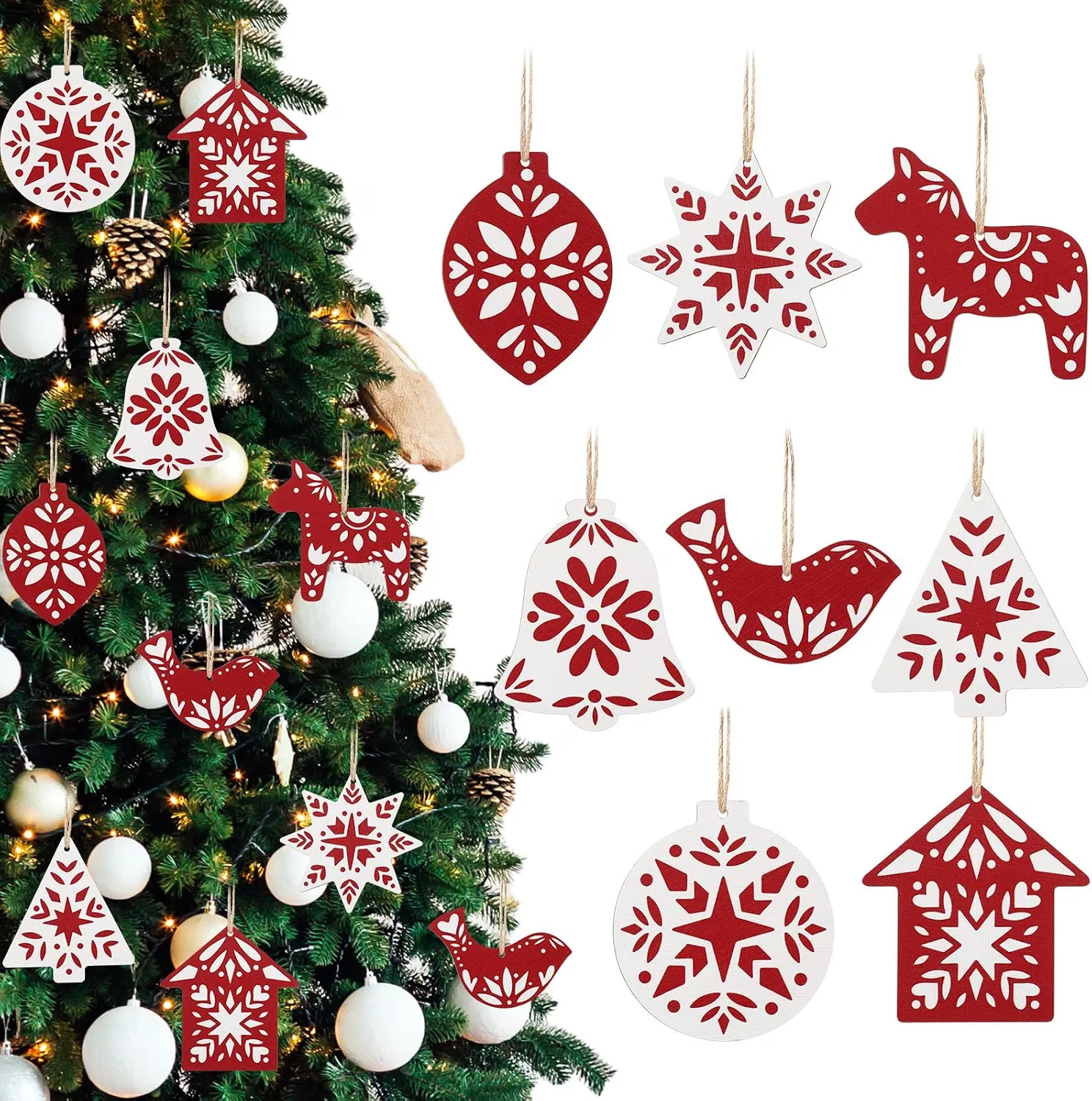 Scandinavian Christmas Wooden Ornaments, 24pc Red White Cutout Wood Hanging Decorations, Swedish Dala Horse Bird Bell Star Tree