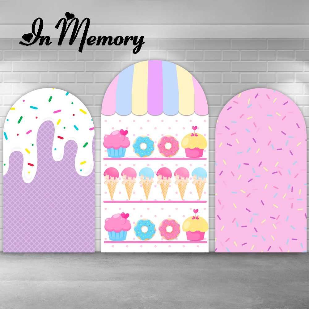 

Ice Cream Donuts Candy Bar House Arch Cover Pink Girls Baby Shower Birthday Party Arched Photography Background Backdrop