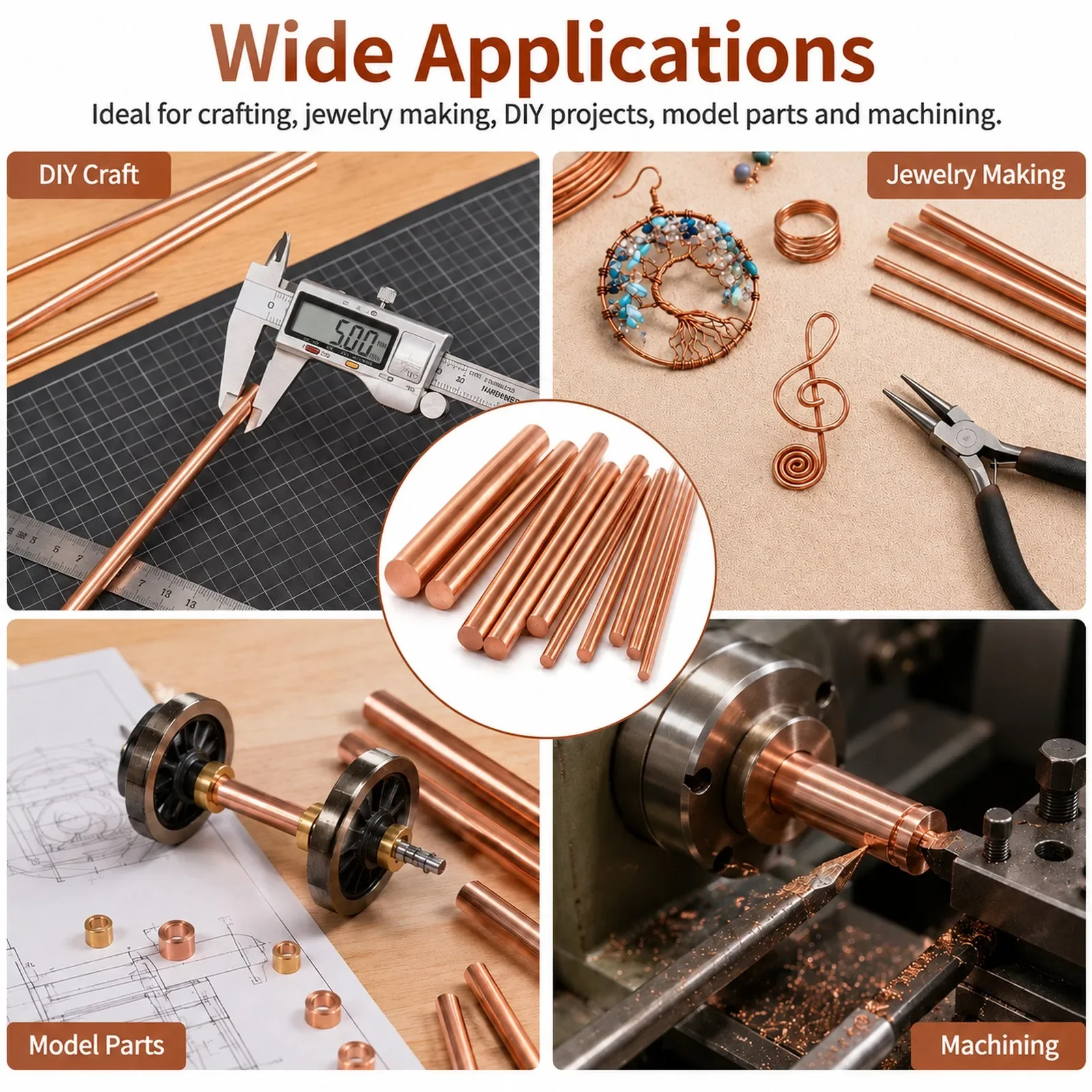 1Pcs T2 Pure Red Copper Round Bar Diameter 3‑20mm Length 100‑300mm Copper Rod for Punching Shaft DIY Craft Model Tool Shank