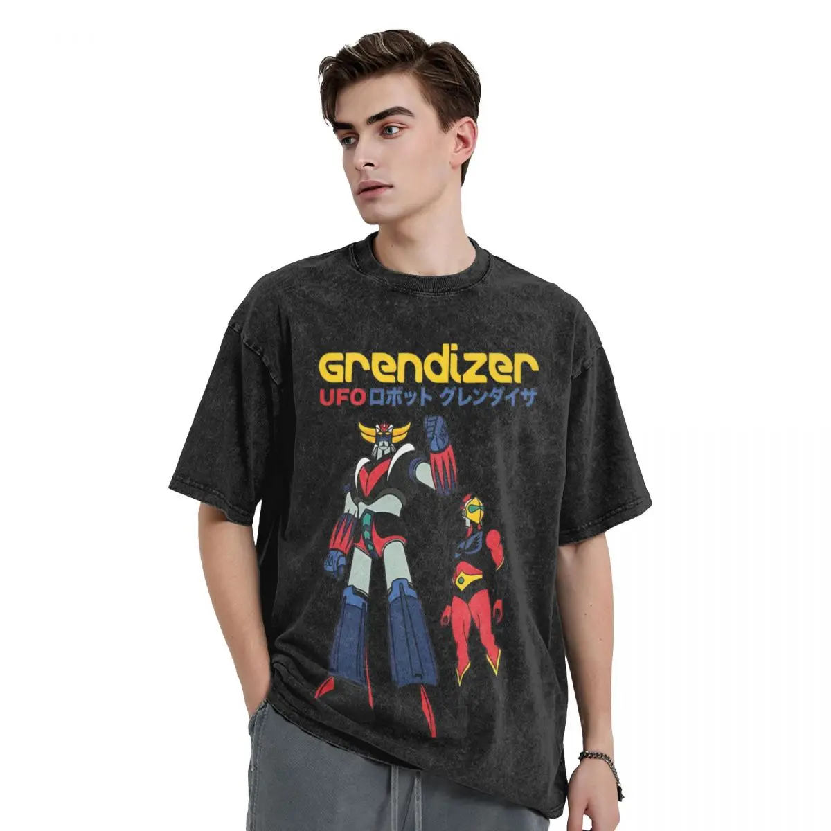 Washed T Shirts Grendizer UFO Robot Vintage T-Shirts Oversize Mazinger Z Anime Goldorak Streetwear 100% Cotton Tees Men Women