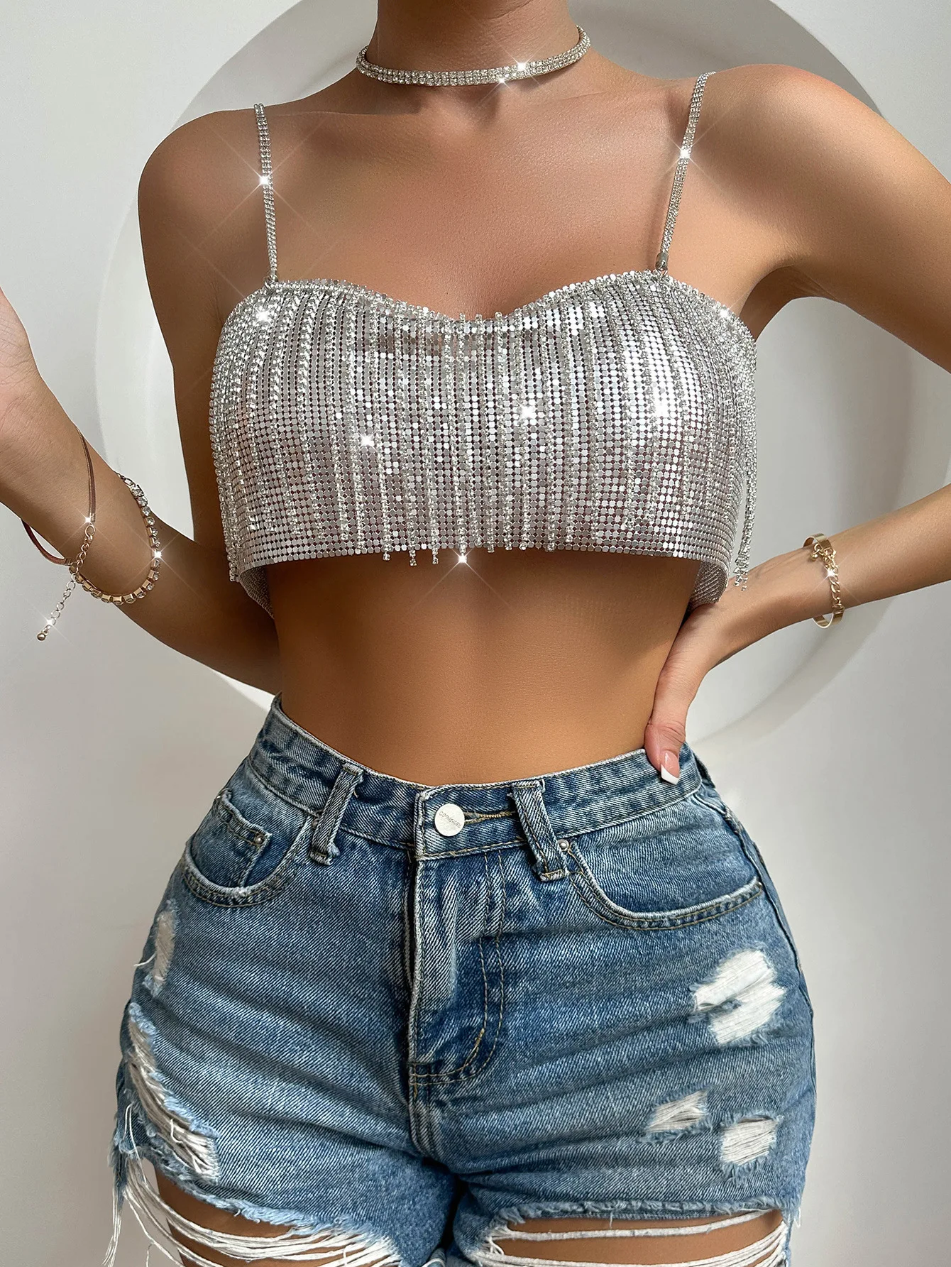 Premium Chainmail Bandeau Crop Top in Silver