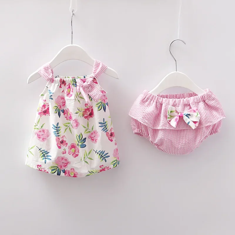 New Newborn Baby Girls Clothes Sleeveless Dress+Briefs 2PCS Outfits Set Striped Printed Cute Clothing Sets Summer Sunsuit 0-24M