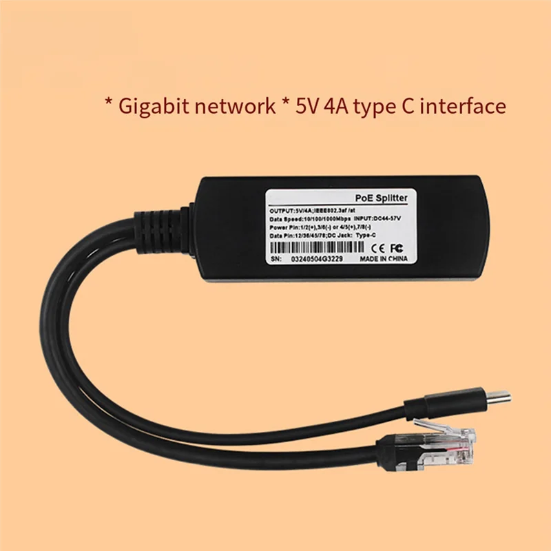 ABFM-Para Raspberry Pi 5 Poe Splitter 5V 4A 10/100/1000Mbps IEEE802.3Af/At Tipo C Poe Splitter Para Raspberry Pi 5B Durável
