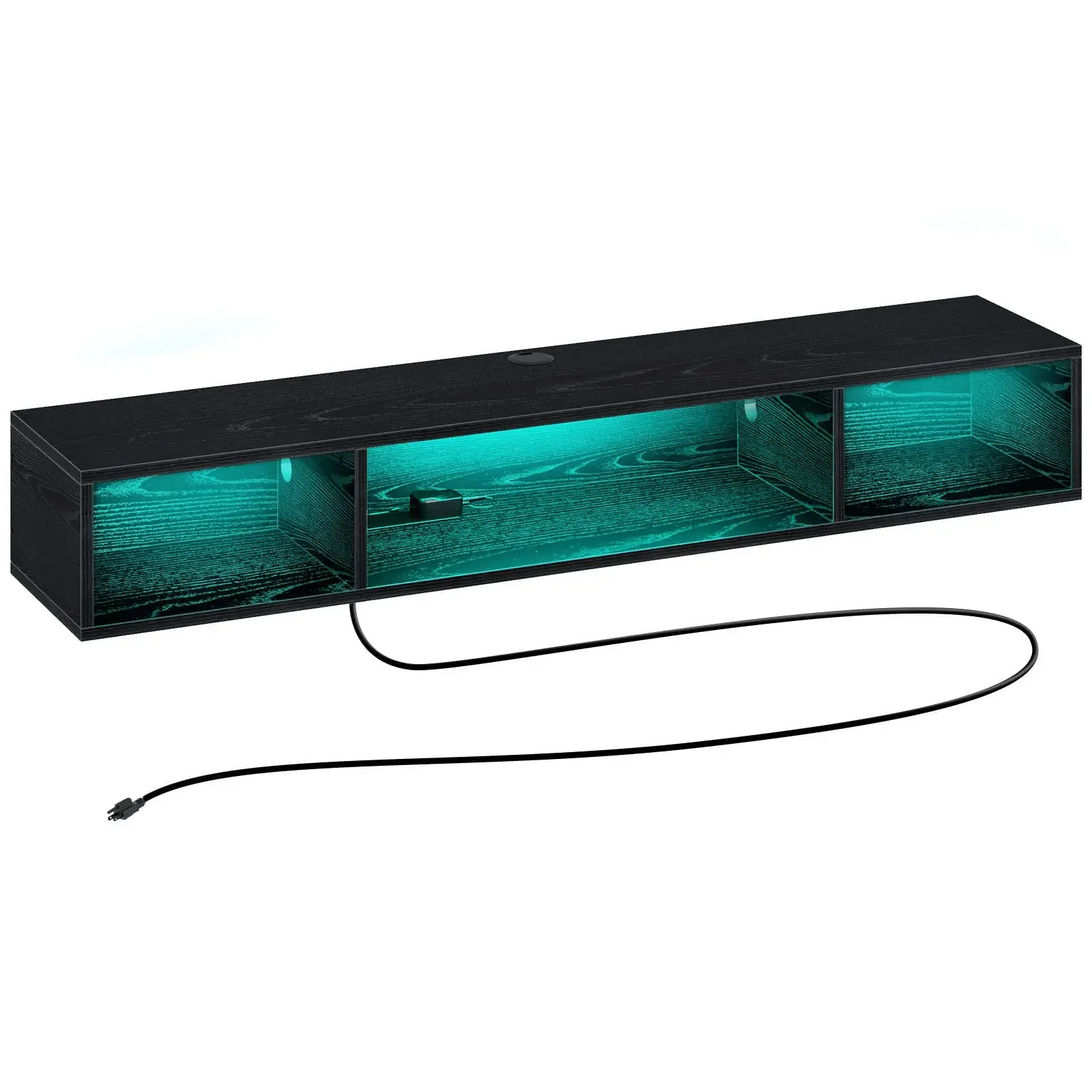 Power Outlet Black Media Console Floating Entertainment Wall Mounted TV Shelf Stand Cabinet with RGB Lights for Living Room