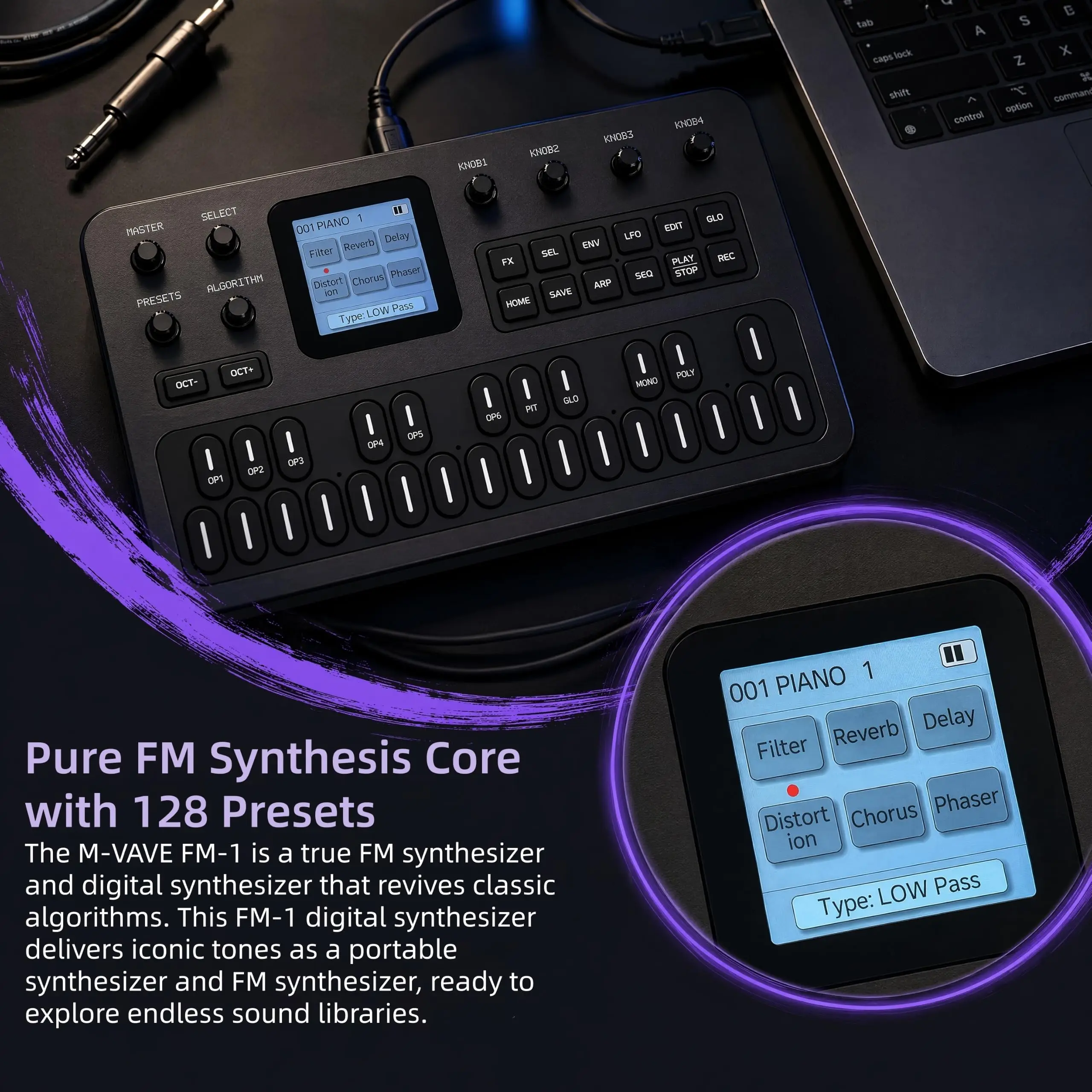 M-VAVE FM-1 FM Synthesizer Portable Digital Battery Powered Synthesizer with Sequencer 6-Op FM 32Algorithms 128Presets MIDI Arp