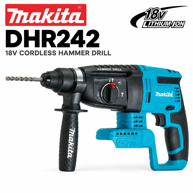 Trapano a percussione rotante SDS Plus senza fili Makita DHR242 18V Brushless, capacità per calcestruzzo 24mm, 2.0J, 4700 IPM, 3 modalità, utensile professionale per edilizia, compatibile con BL1860B
