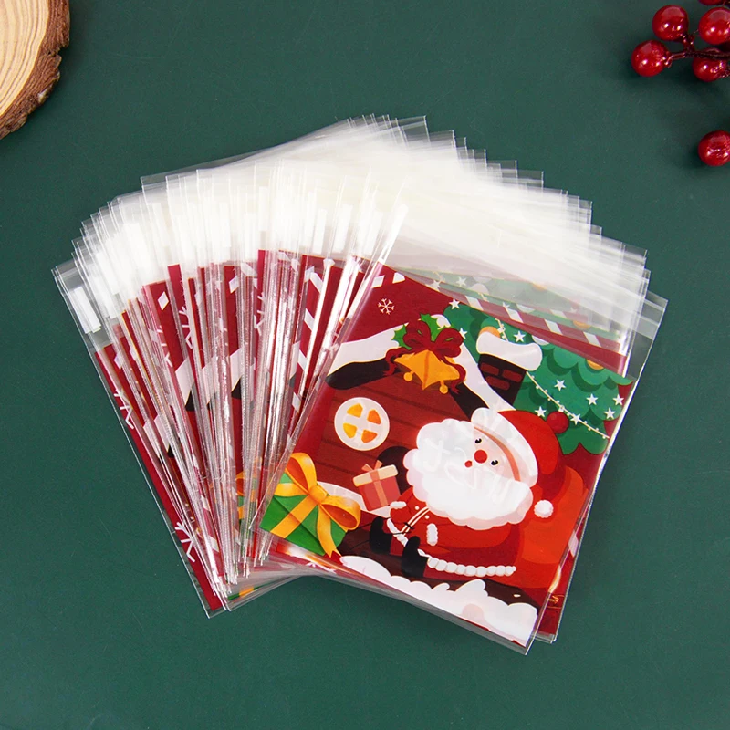 100pcs Christmas Candy Cookie Bag Santa Claus Snowman Gift Baking Packaging Pounches Merry Xmas Party Decorations 2024 New Year