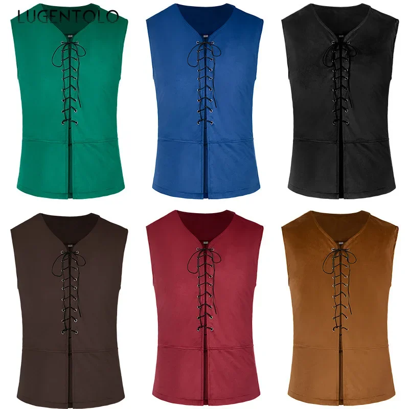 Men Halloween Vest Medieval Renaissance Pirate Suede Viking Jacket Bandage Party Retro Casual Costume New Solid Cos Coat
