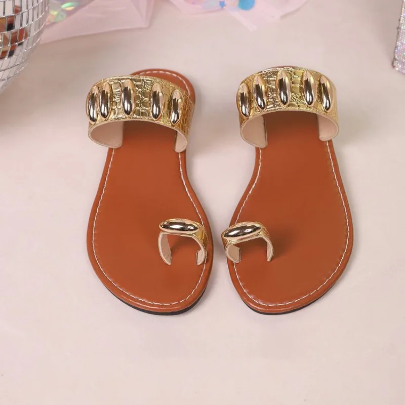 Bohemian Gold Embellished Flat Sandals - Toe Ring Croc Strap Flip Flops, Casual Summer Beach Shoes view 5