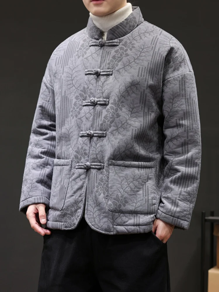 

Утепленное хлопковое пальто с воротником-стойкой для мужчин, в стиле танского костюма, зимнее теплое пальто для мужчин среднего и старшего возраста, модное и стильное.