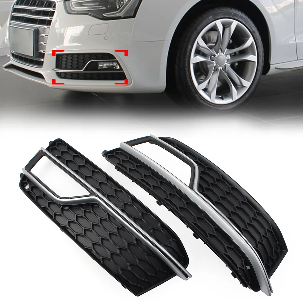 1Pcs Car Front Bumper Fog Light Grille Cover Glossy Black With Silver Trim For Audi A5 S Line S5 2013 2014 2015 2016 2017