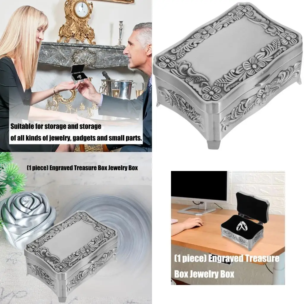 

J78F Engraved Alloy Jewelry Box With Multi Compartment Storage For Earrings Necklaces Rings