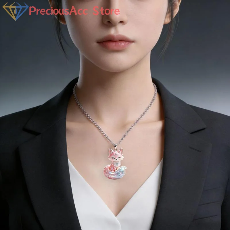 Nine Tailed Fox Enamel Pendant Necklace Mythology Jewelry Gift For Women Friends Fashion Accessory