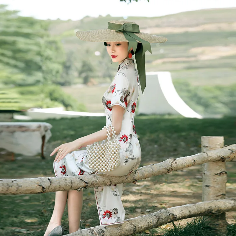 Suzhou Retro Improved Silk Beautiful High Quality Real Silk Dress Cheongsam Qipao Summer Women's Mid-Length White Daily 